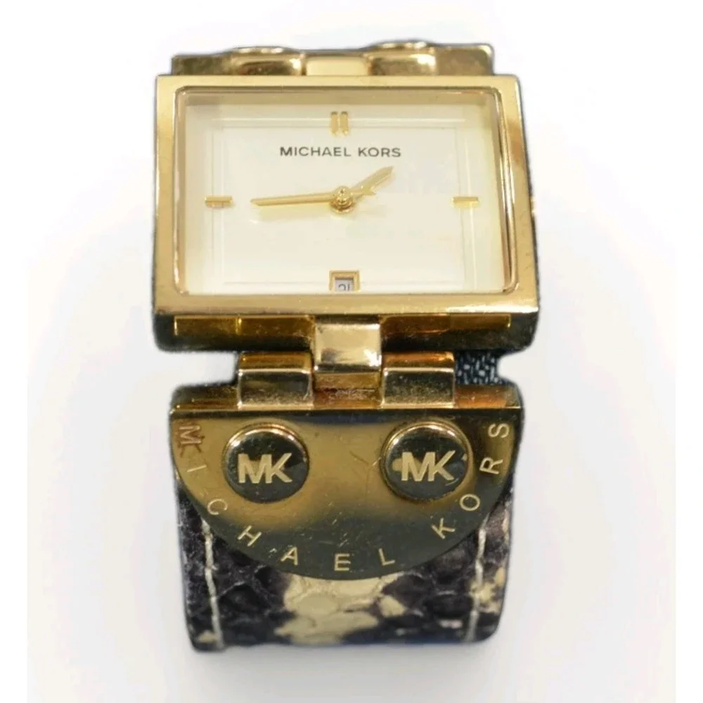 Michael Kors MK2114 Gold Square Watch Brown Python Snake Leather Band Date Dial